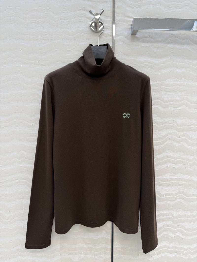 Celine Slim-Fit Turtleneck Top in Imported Tencel Wool Blend with Subtle Embroidery - Deep Brown
