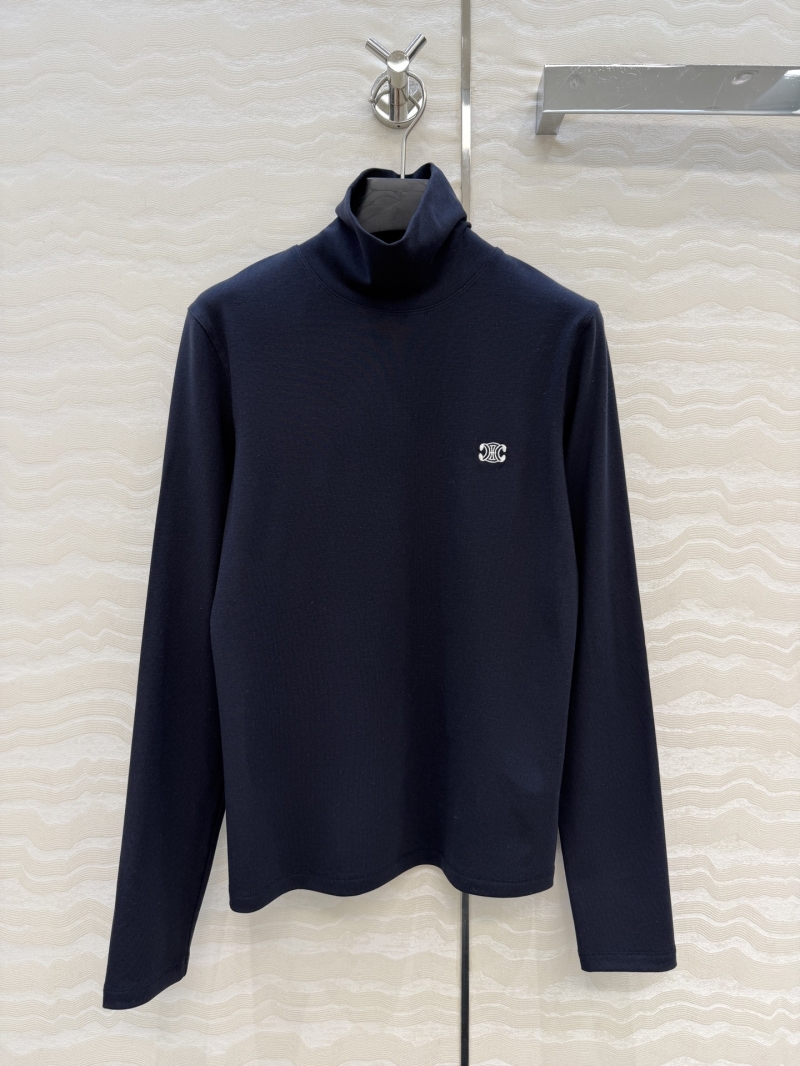 Celine Tencel Wool Slim-Fit Turtleneck Top with Embroidered Logo - Black