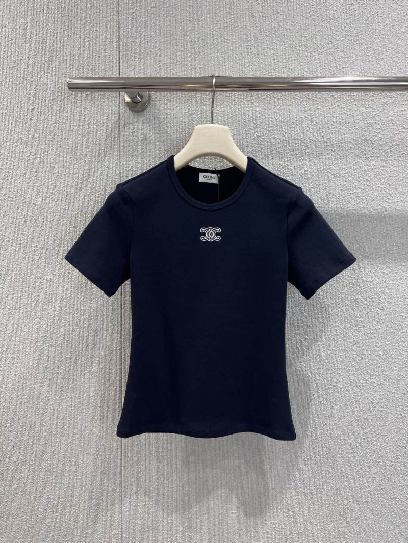 Celine Navy Blue Triomphe Embroidered Stretch Cotton Short-Sleeve T-Shirt