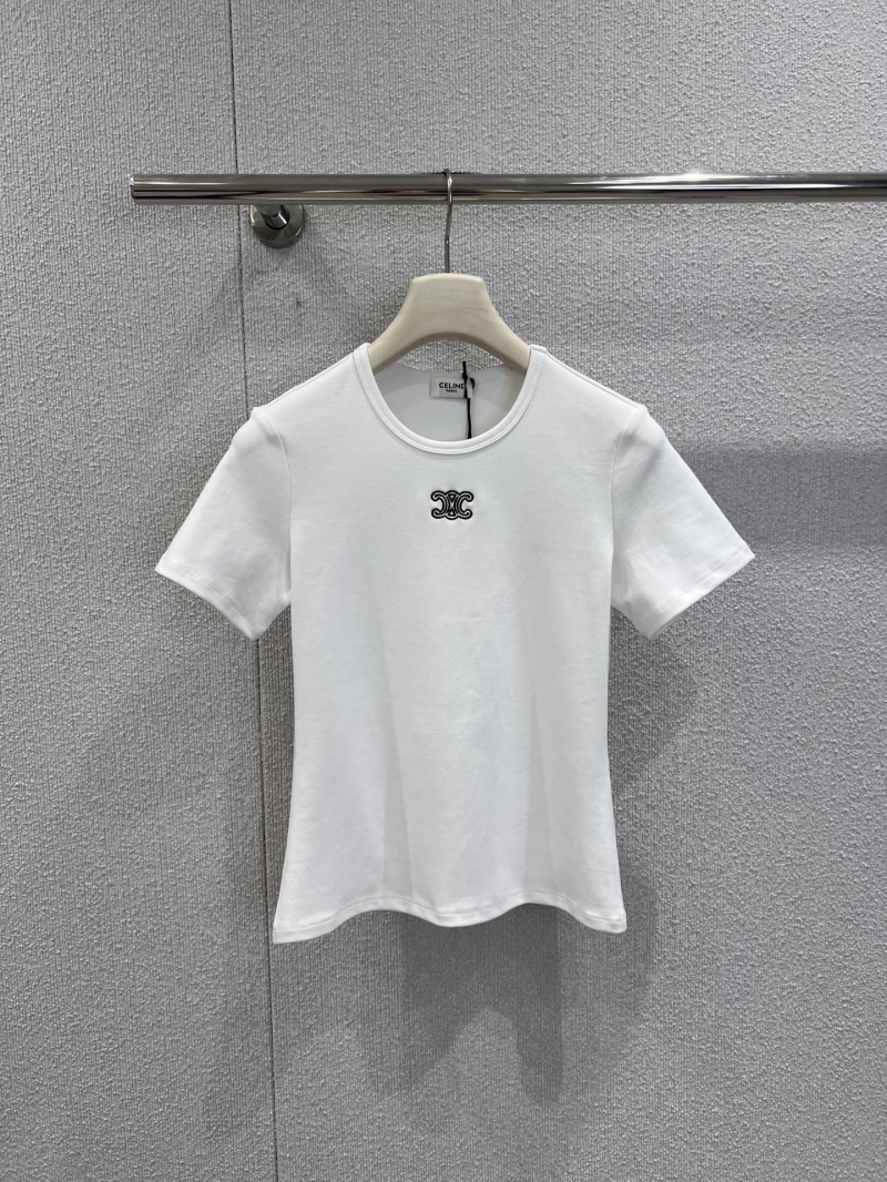 Celine White Short-Sleeved T-Shirt with Embroidered CC Monogram – Minimalist Luxury Crew Neck Top