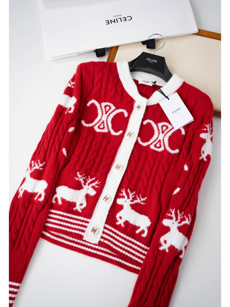 CELINE 25SS Triomphe Intarsia Wool Cardigan in China Red - Exquisite Chunky Knit Signature Luxury Outerwear