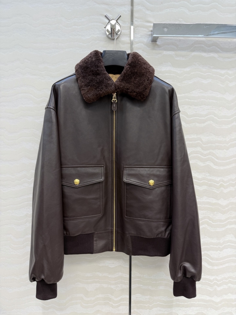 Celine 100% Lambskin Leather Jacket with Detachable Spanish Shearling Collar - Brown Coffee