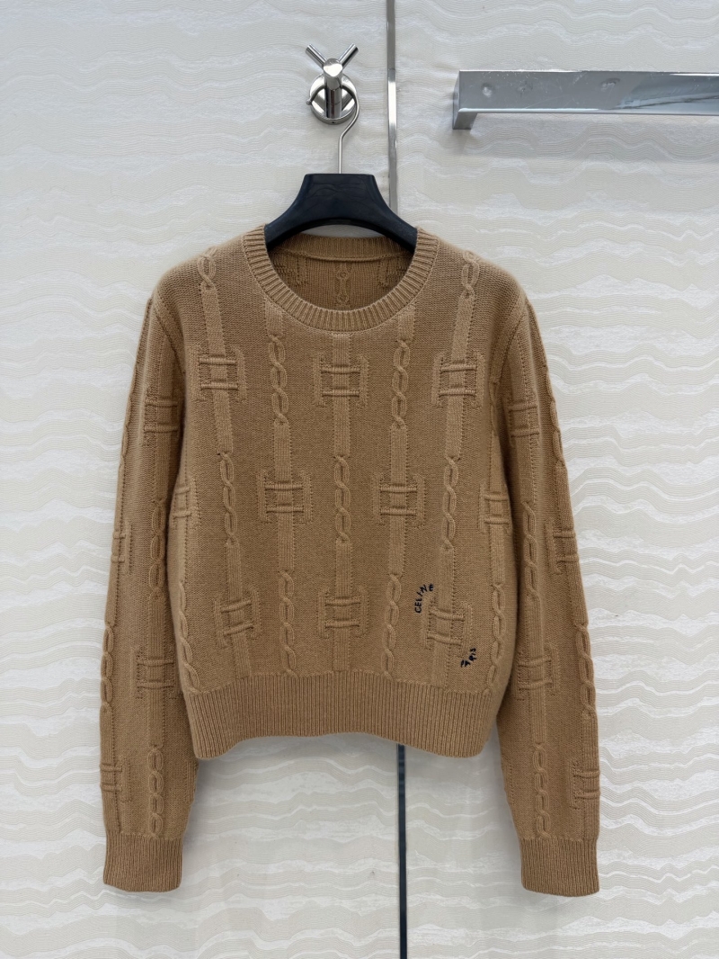 Celine Timeless 100% Cashmere Chain Link Jacquard Cropped Sweater in Camel