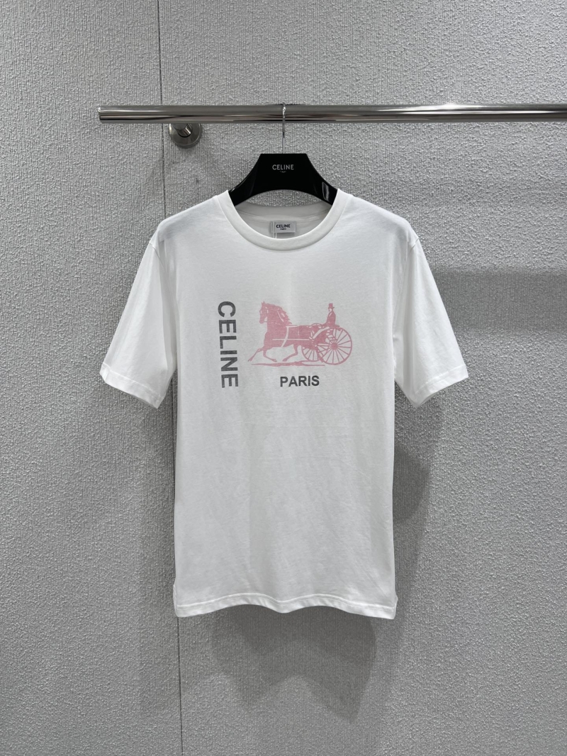 Celine Horse Carriage Print Crewneck Cotton T-Shirt in White