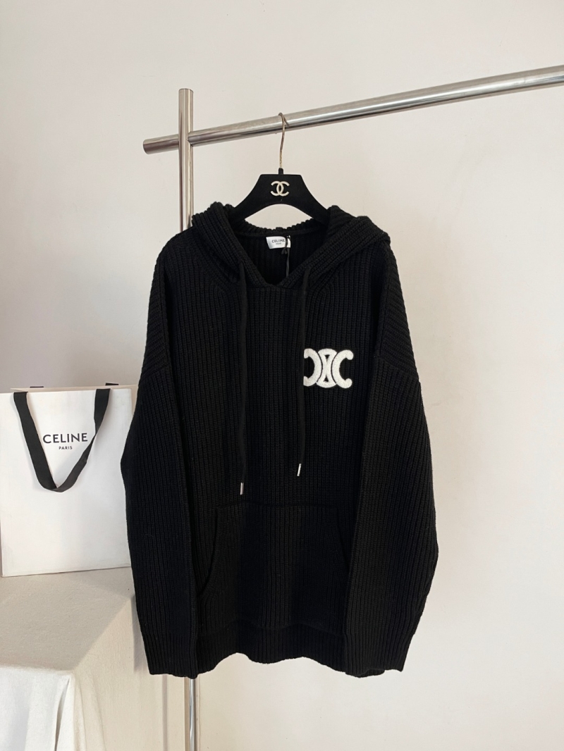Celine Unisex Knitted Triomphe Logo Ribbed Hoodie in Black