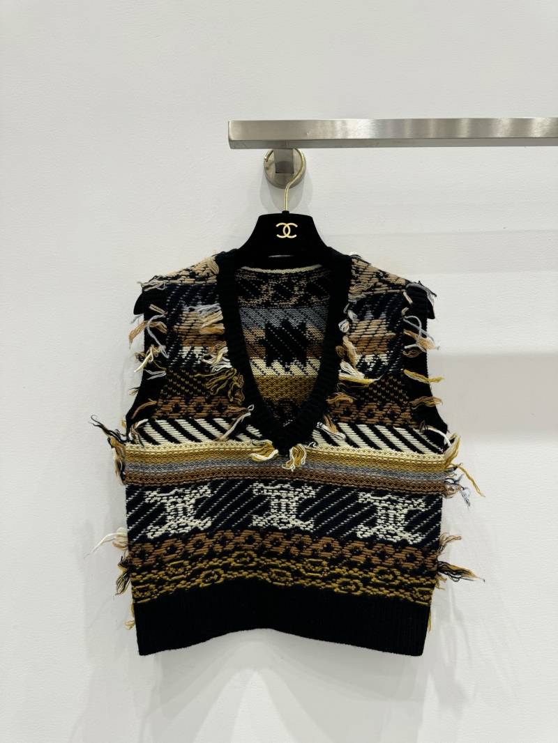 Celine Triomphe Fringed Jacquard Cashmere Vest in Black Multi