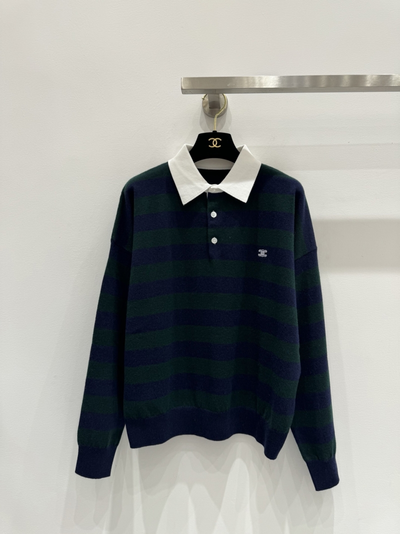 Celine Navy and Forest Green Striped Triomphe Polo Sweater