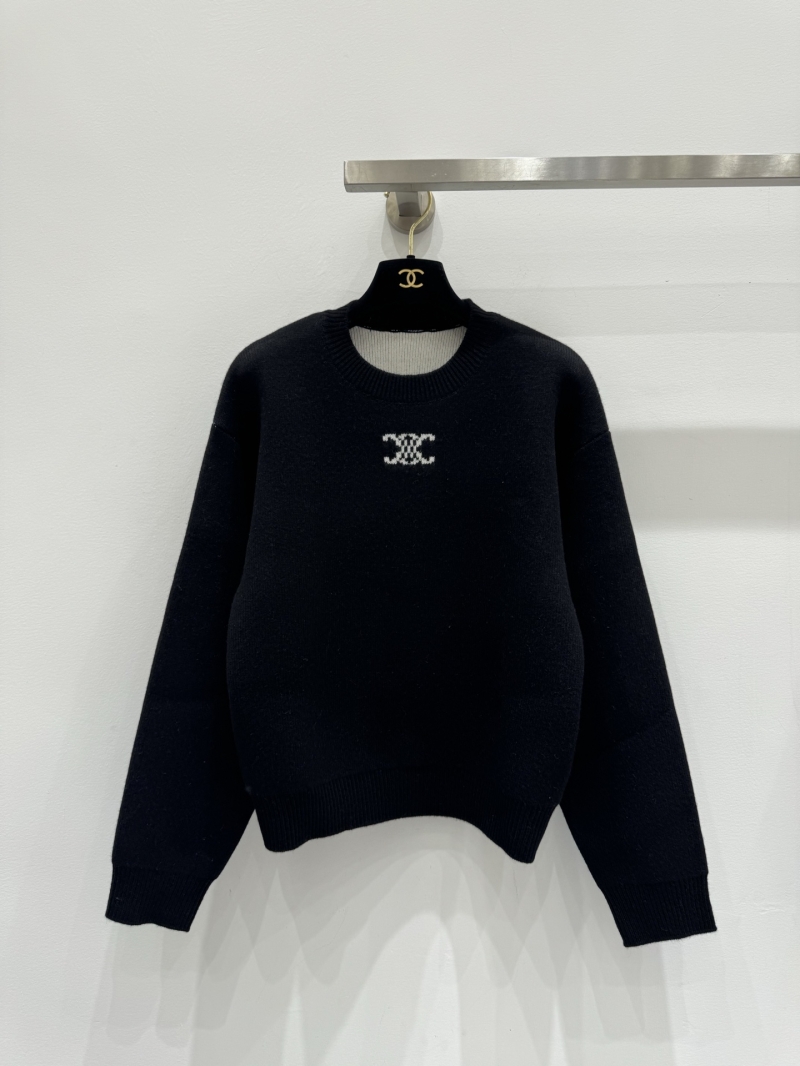 Celine Triomphe Logo Cashmere & Wool Knit Pullover Sweater in Black