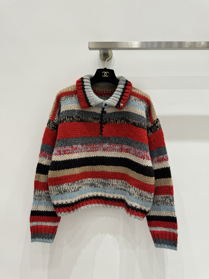 Celine Alpaca Blend Striped Chunky Knit Polo Sweater in Multicolored Contrast