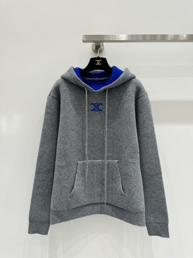Celine Triomphe Logo Cashmere Wool Knit Hoodie in Heathered Gray and Royal Blue