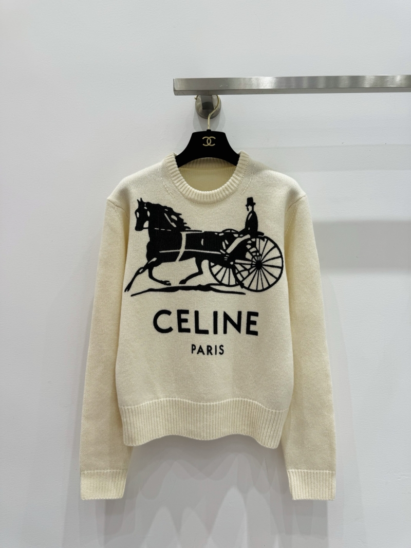 Celine Horse Carriage Graphic Knit Sweater in Sumptuous Ivory