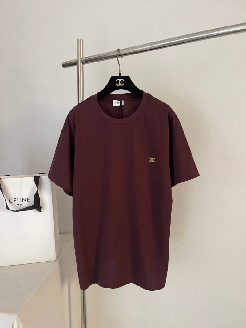 Celine Triomphe Logo Cotton Jersey T-Shirt in Burgundy - Relaxed Fit
