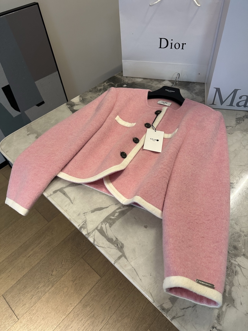 CELINE 90% Australian Wool & 10% Alpaca Cherry Blossom Pink Cropped Jacket with Contrast Piping