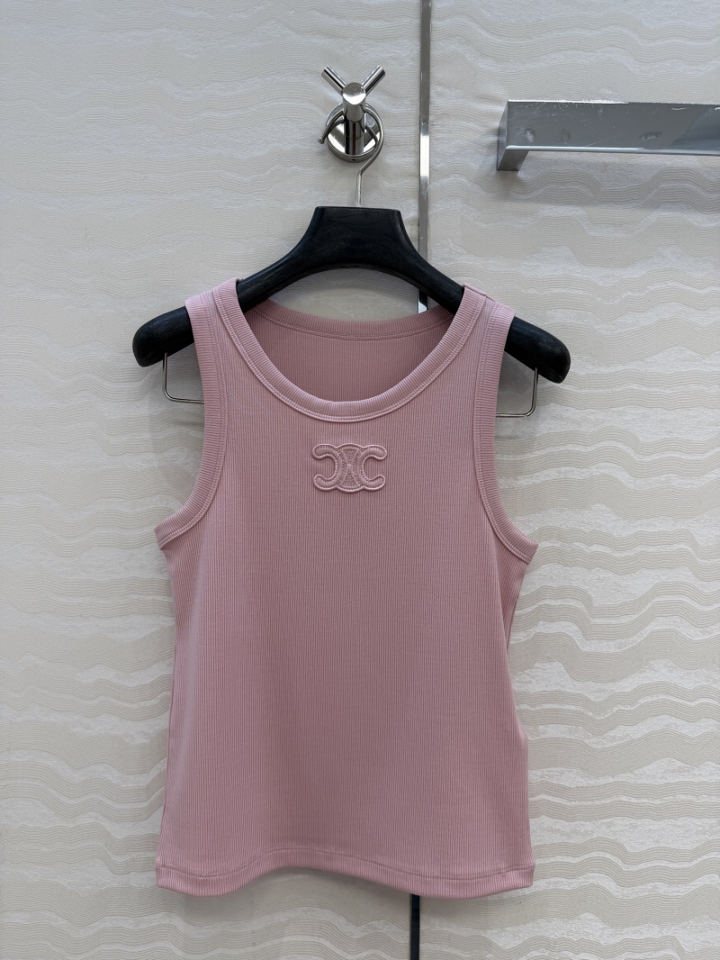 Celine Imported Ribbed Knit Triomphe Embroidery Slim-Fit Tank Top in Dusty Rose
