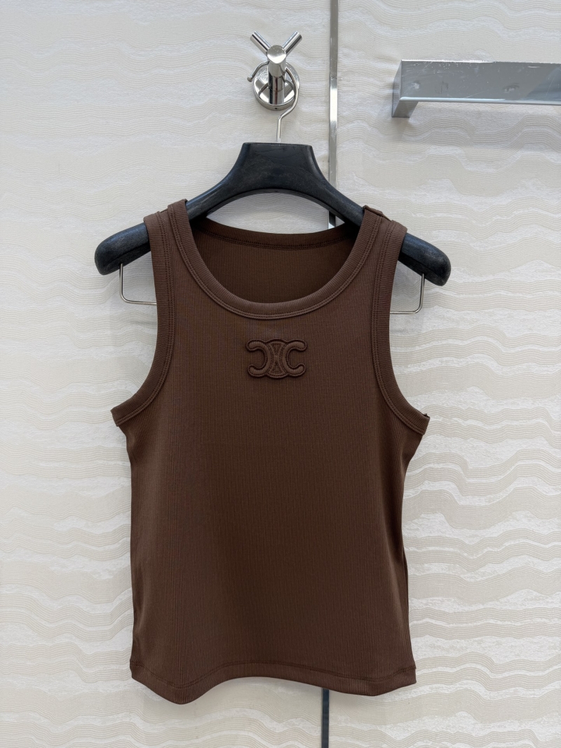Celine Imported Ribbed Fabric Triomphe Logo Tank Top in Coffee