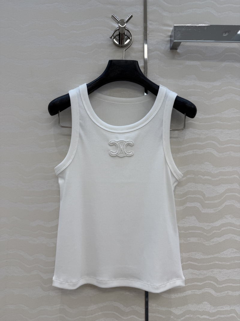 Celine Signature Ribbed Cotton-Blend Tank Top in White