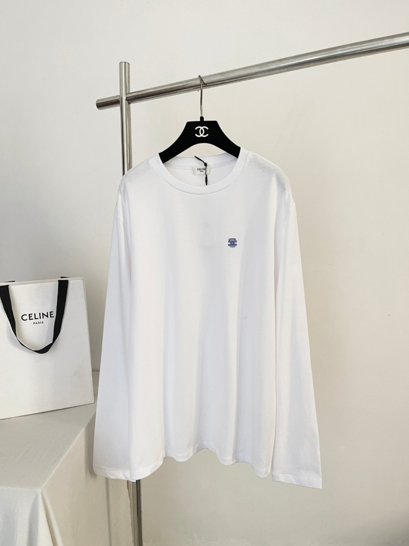 Celine Triomphe Embroidered Cotton Long-Sleeve T-Shirt in Optic White