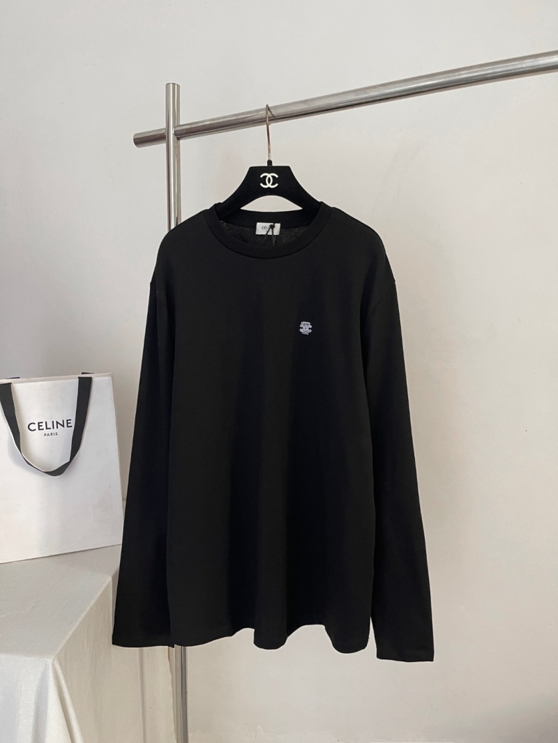 CELINE Triomphe Logo Long-Sleeved T-Shirt - Signature Embroidered Crewneck - Black