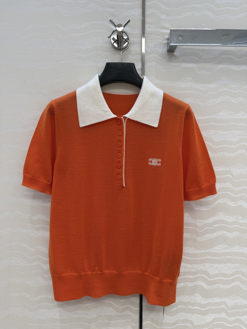 Celine 100% Merino Wool Short-Sleeved Knit Polo Top in Tangerine Orange