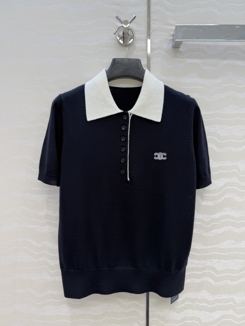 Celine Sumptuous 100% Merino Wool Contrast Polo Knit Top