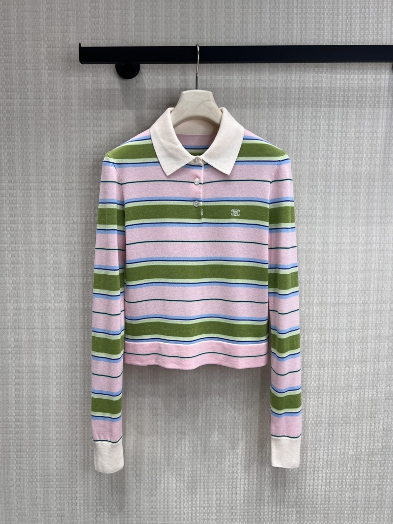 Celine Exquisite Striped Knit Cropped Polo Shirt in Pink and Olive Green