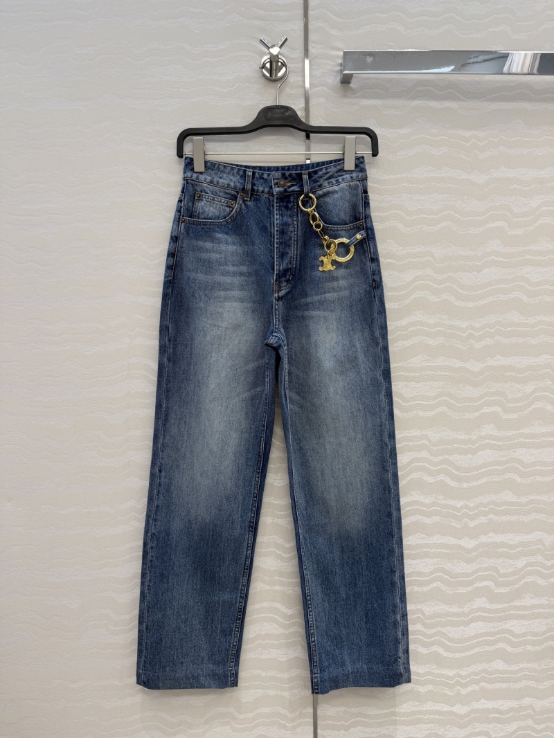 Celine Premium Imported Denim Straight-Leg Jeans with Signature Gold-Toned Triomphe Pendant in Classic Blue