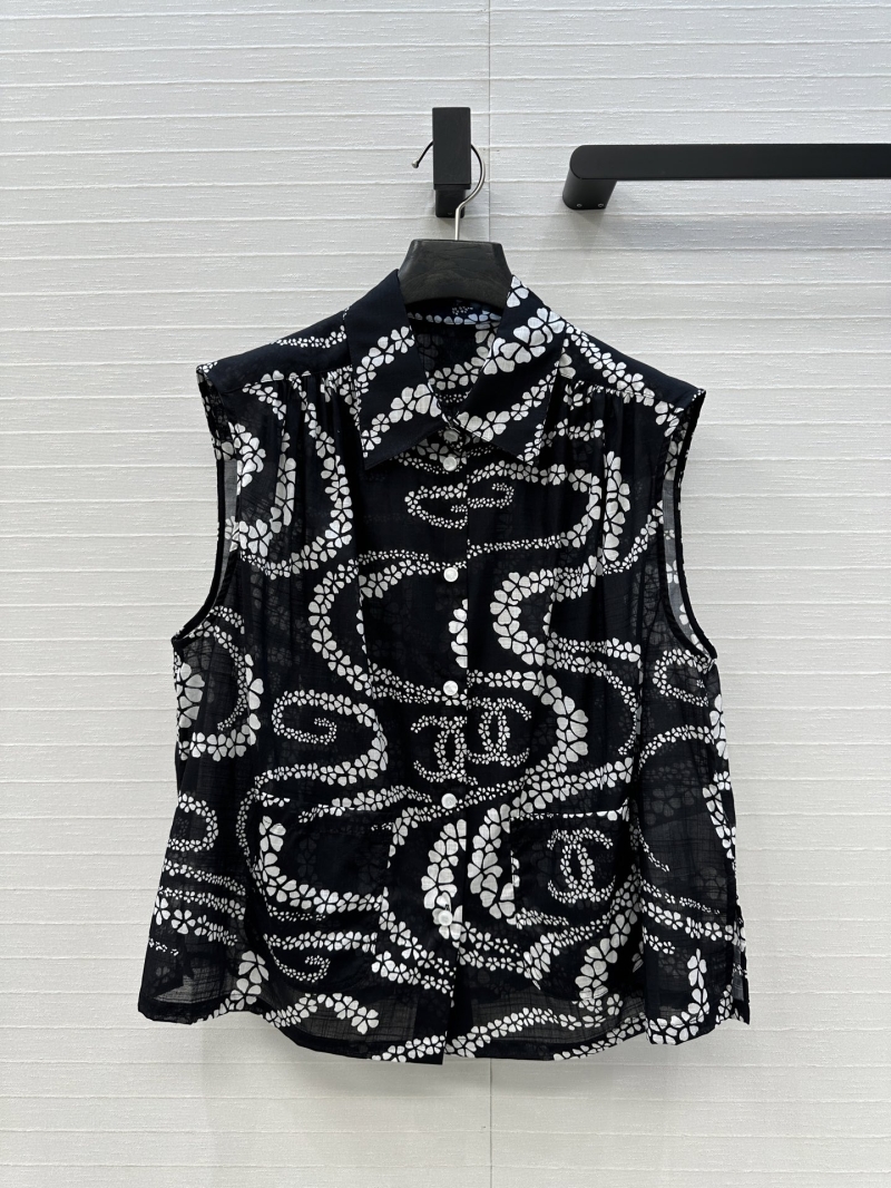 Chanel SS25 Coco Beach 'Spirit Snake' Petal Wave Print Sleeveless Shirt - Luxe Casual Elegance