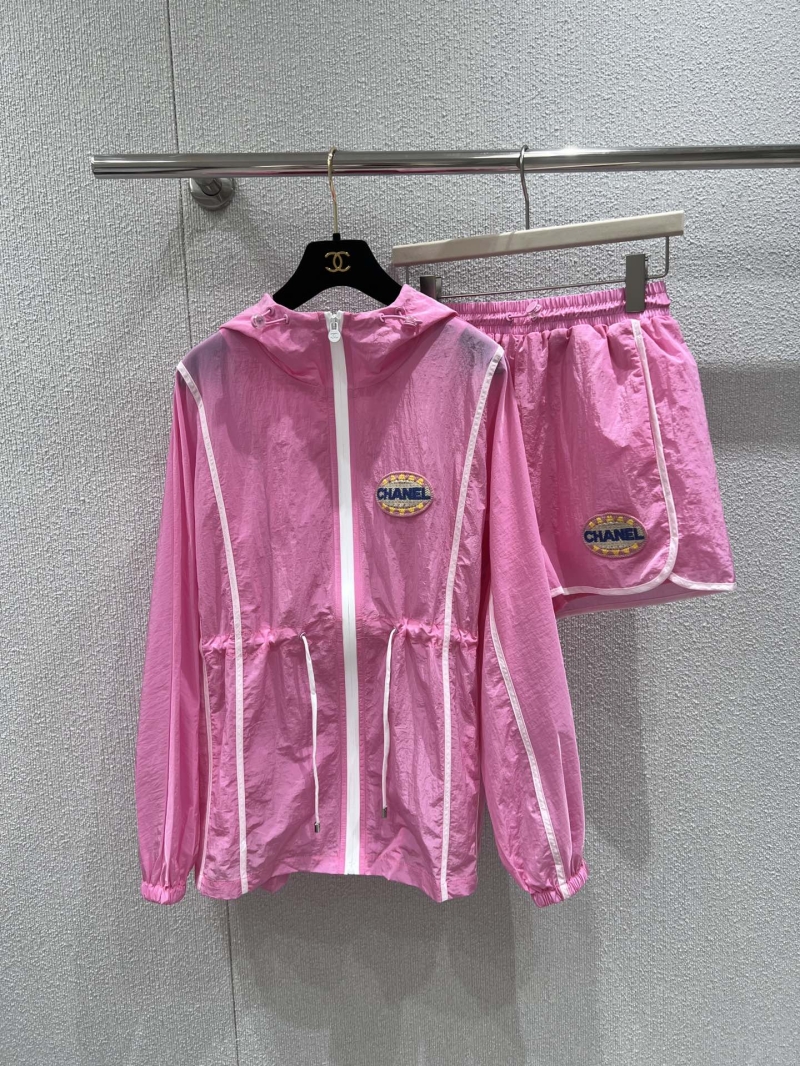 Chanel Candy Pink Zipper Hooded Sunscreen Jacket & Shorts Set - Exclusive Summer Chic
