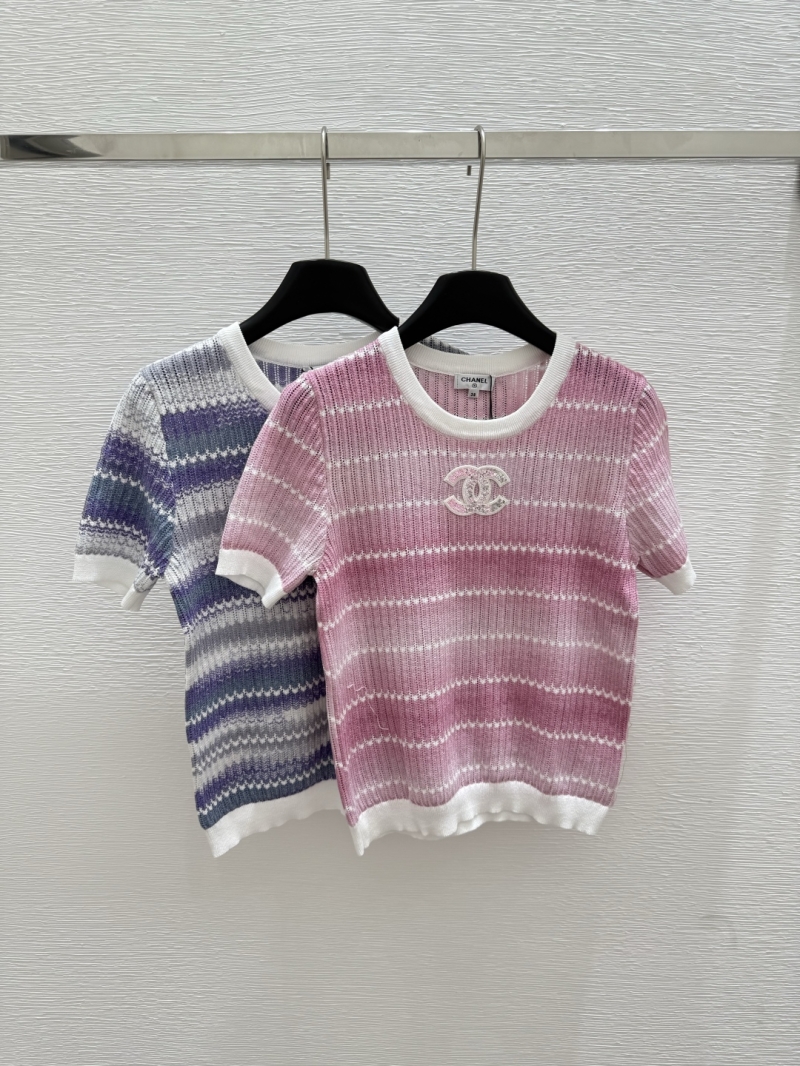 Chanel 25P Summer Striped Knit Short-Sleeve Top - Luxe Wool & Cashmere