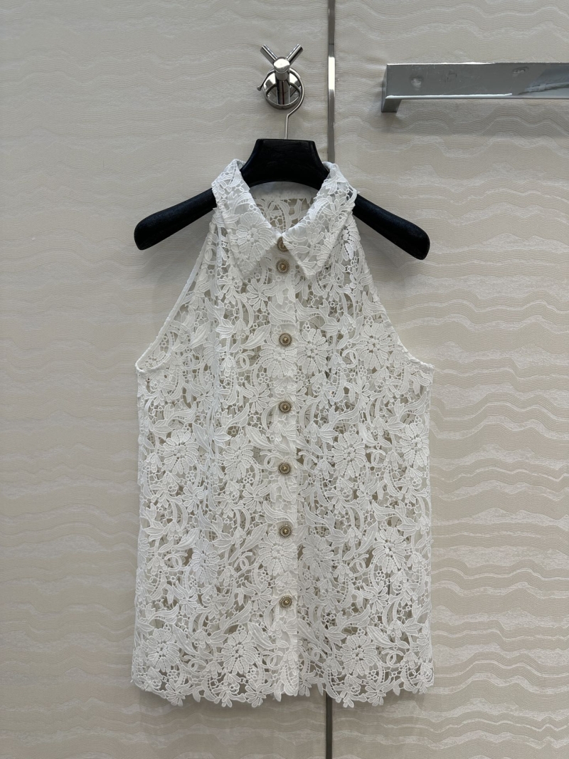 Chanel Coco Girl French Court Off-Shoulder Lace Vest Blouse - Elegant & Luxe