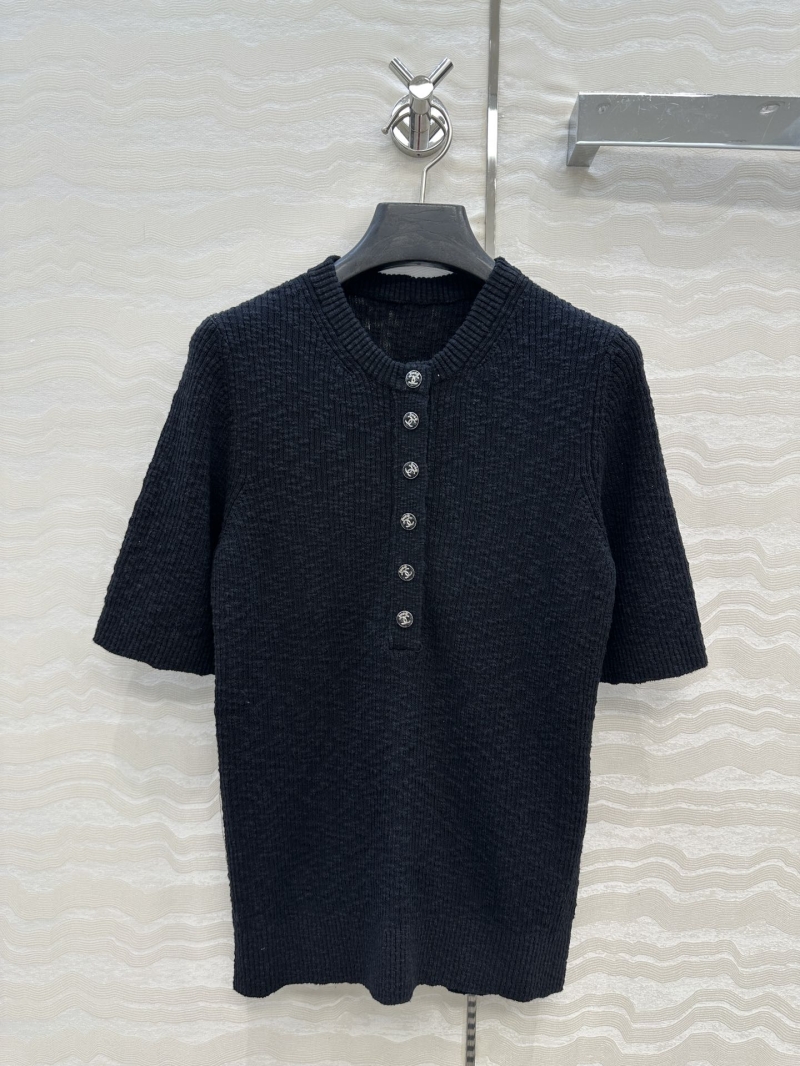 Chanel Coco Beach Spring Summer White Moonlight Snowflake Cotton Knit Round Neck Mid-Sleeve Top in Black - Luxe & Timeless