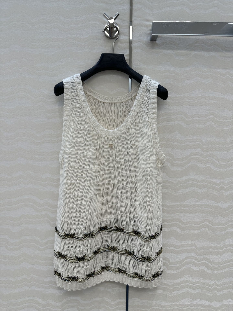 Chanel Coco 25A White Moonlight Snowflake Cotton Linen Knit U-Neck Vest - Elegant & Versatile