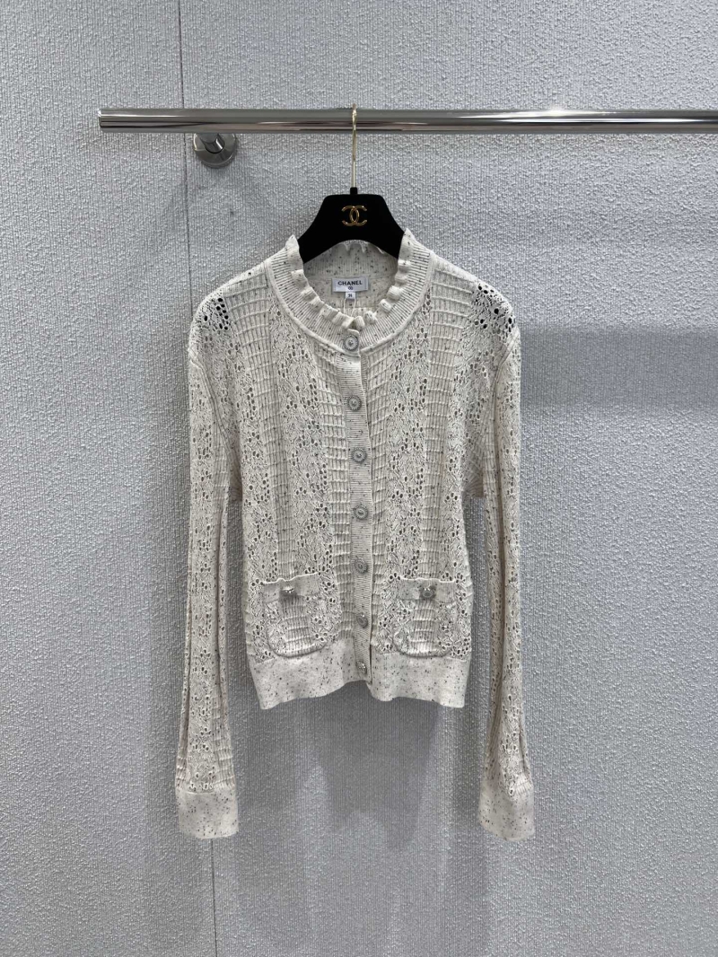 Chanel Lace-Trim Knitted Cardigan - Elegant Hollow-Out Design