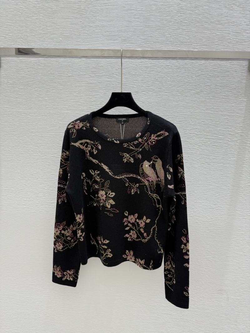 Chanel Early Autumn Luxe Rhinestone Print Round-Neck Knit Sweater