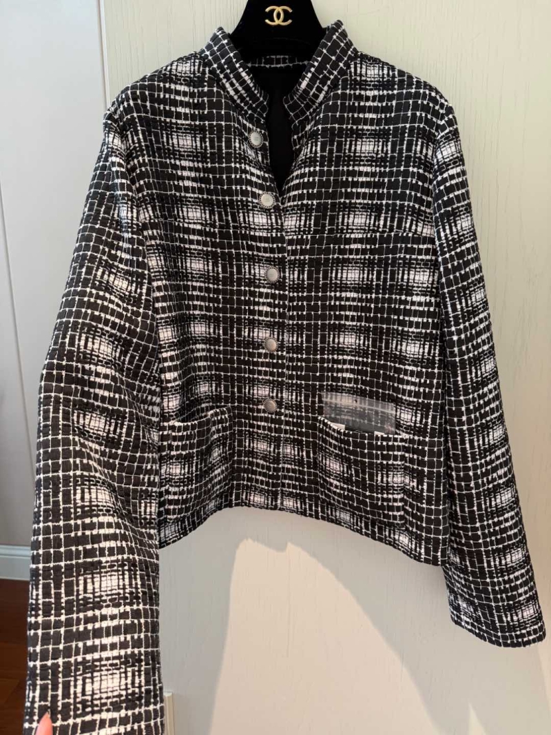 Chanel Drop-Shoulder Stand-Collar Jacket - Classic Black & White Texture