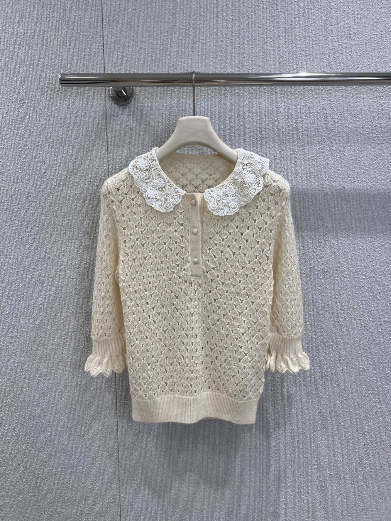 Chloé Spring Summer Crochet Lace Doll Collar Knit Top - Luxe Milk Apricot