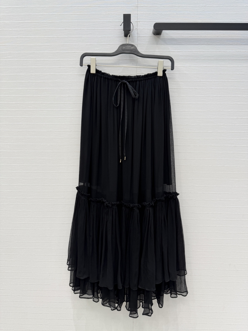 Chloe Tiered Georgette Wood Ear Ruffle Long Skirt in Black