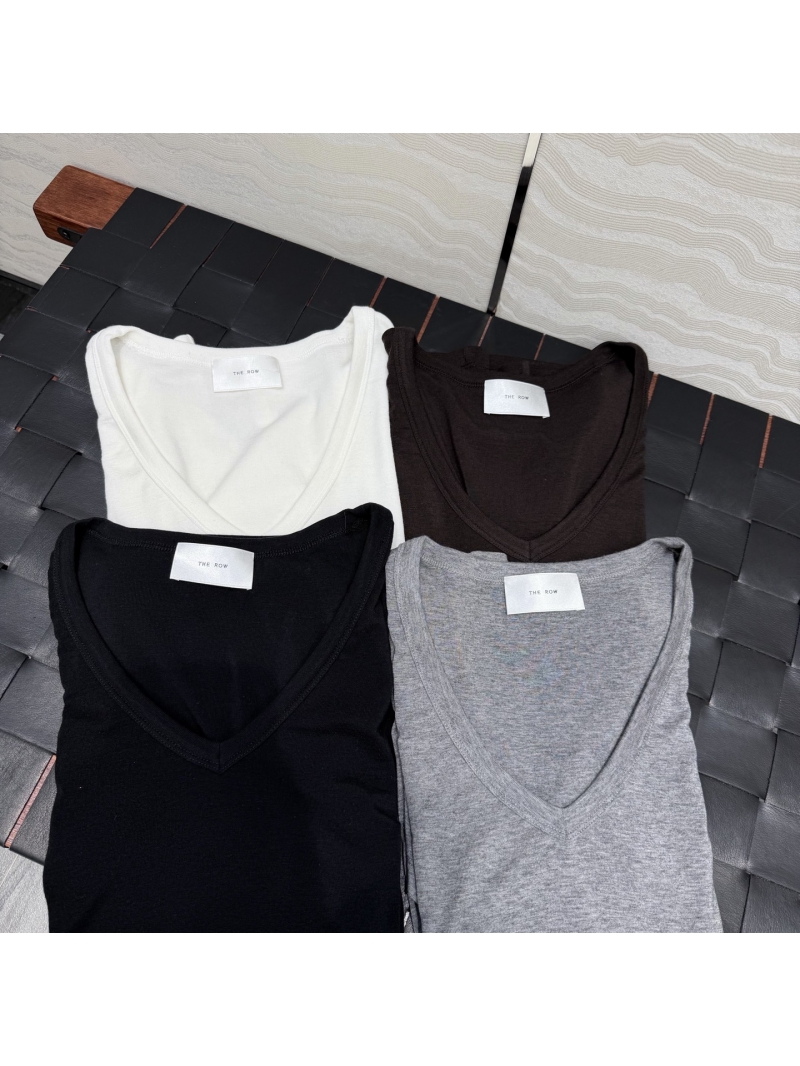 The Row Lyocell Wool Blend Minimalist V-Neck Tailored Slim Fit Tee in Black