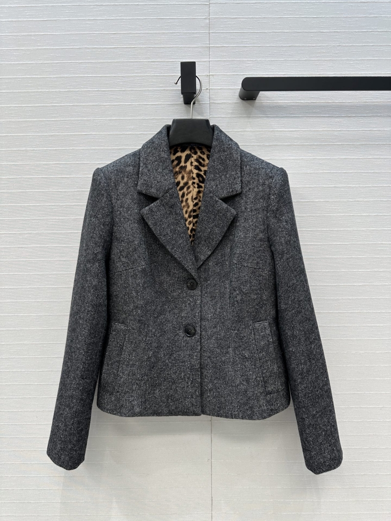 Dolce & Gabbana Grey Herringbone Wool Blazer | Tailored Double-Button Design with Leopard Lining