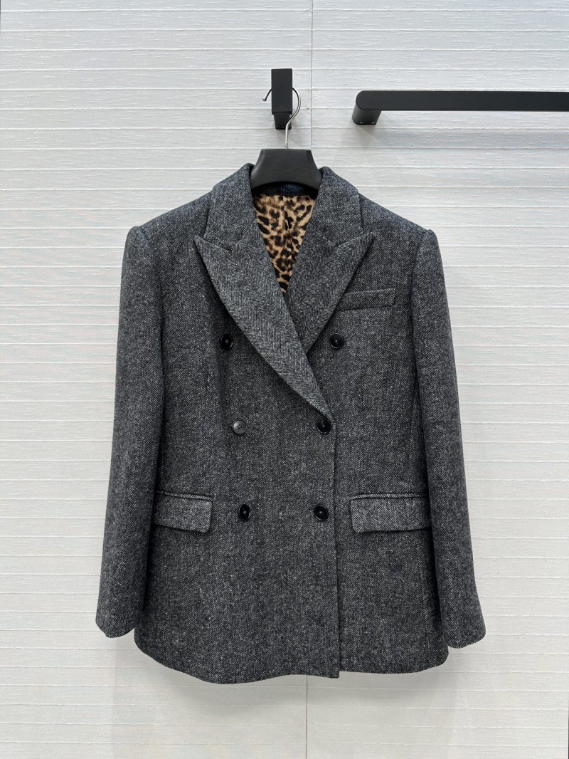 Dolce & Gabbana Grey Herringbone Wool Double-Breasted Blazer with Leopard Lining