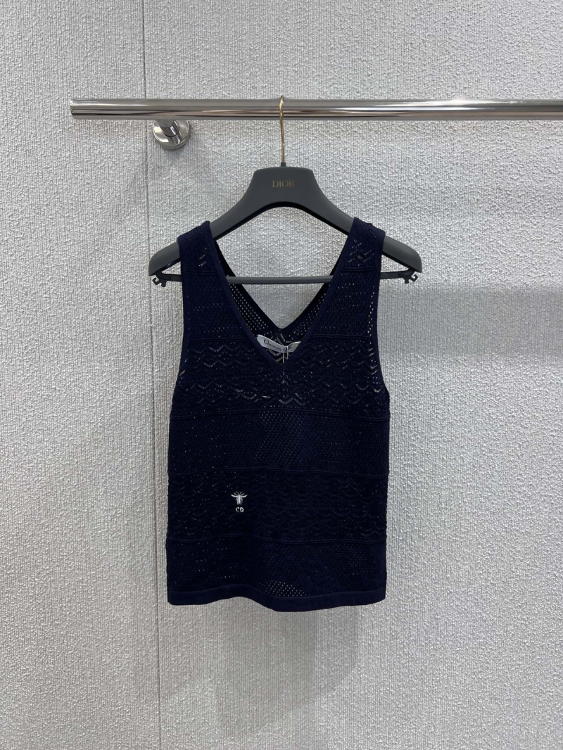Dior Deep Blue Lace-Pattern Knitted Vest - Elegant V-Neck Design