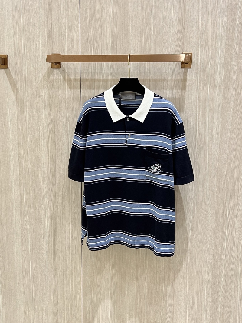 Dior Men's Lily of the Valley Striped Jacquard Polo Shirt - Luxe Blue Cotton Blend