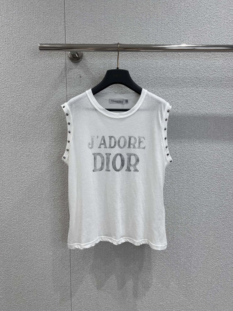 Dior J"ADORE DIOR" Sleeveless Top in White with Metallic Print and Rivet Detailing