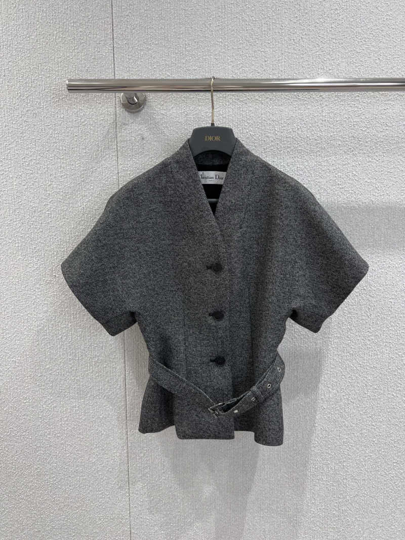 Christian Dior Exclusive Short-Sleeve Blazer in Luxe Gray Wool-Silk Blend with Detachable Belt