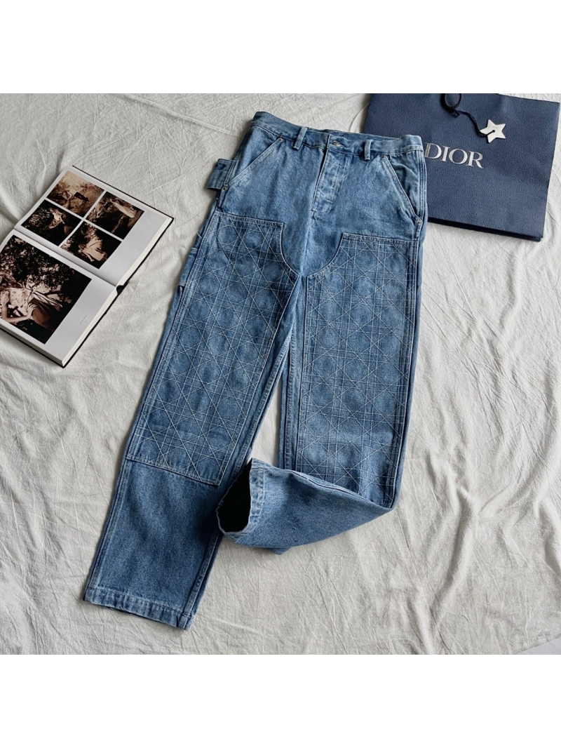Dior Quilted Diamond-Pattern Light Blue Denim Jeans - Unisex Luxury Workwear