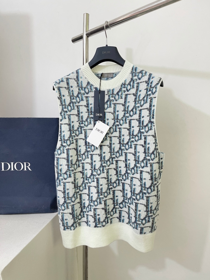 Dior New Arrival All-Over Print Knit Vest in Cream with Blue Accents