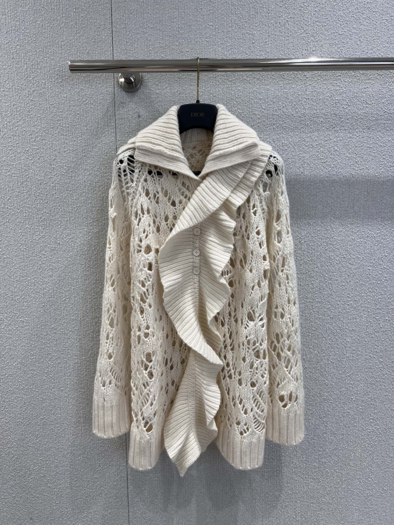 Dior Openwork Lace-Knit Cashmere Cardigan with Detachable Ruffle Collar in Cream