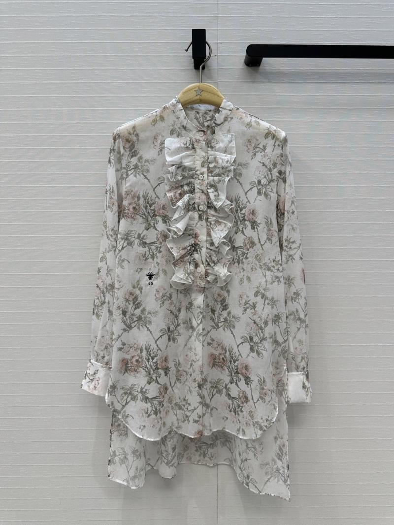 Dior Spring Floral Print Blouse in Imported Silk-Cotton with Ruffled Collar and Embroidered Bee