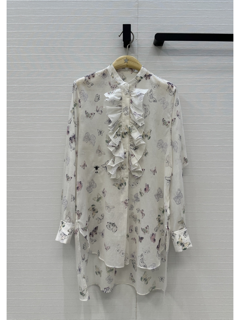 Dior Silk-Cotton Butterfly Print Blouse with Ruffled Detail and Embroidered Bee