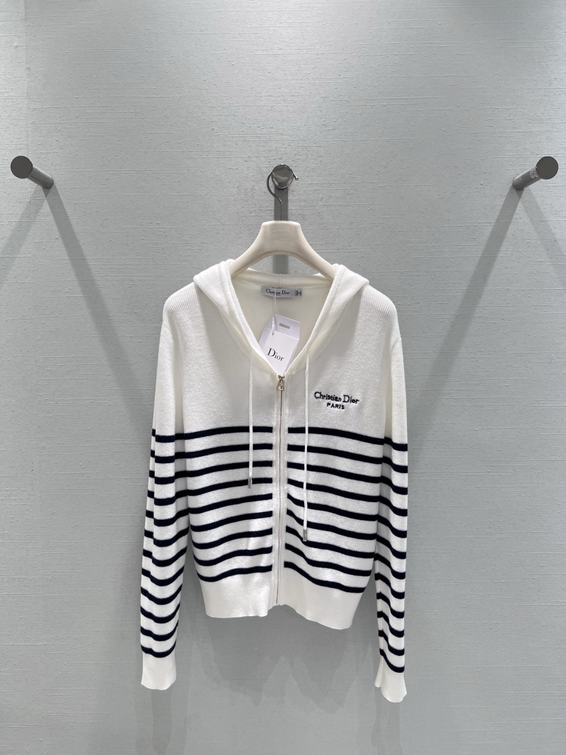 Christian Dior Paris Women"s Hooded Zip-Up Cardigan Sweater | Off-White with Navy Stripes | Relaxed Fit | Cropped Hem